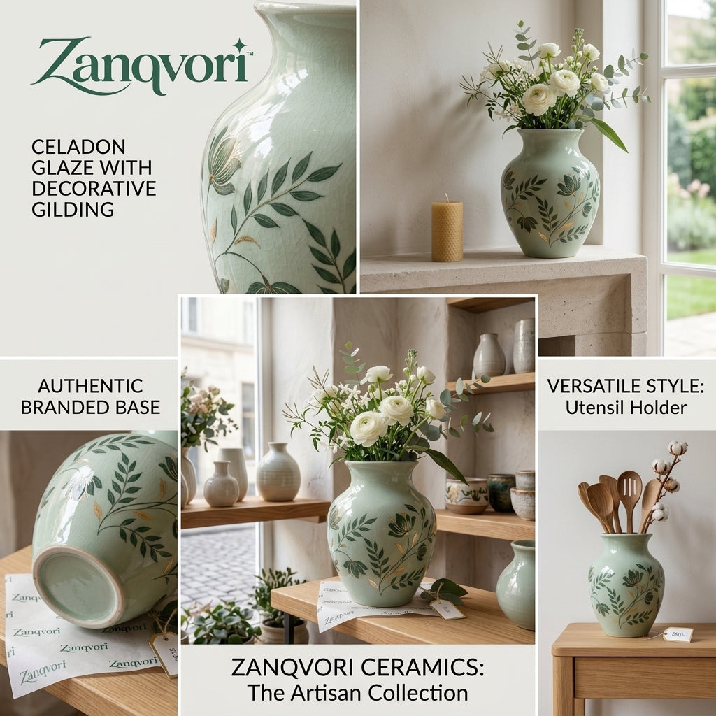 Zanqvori™ Hand-Painted Sage Green Ceramic Vase with Gilded Floral Accents – Vintage Crackle Glaze Centerpiece