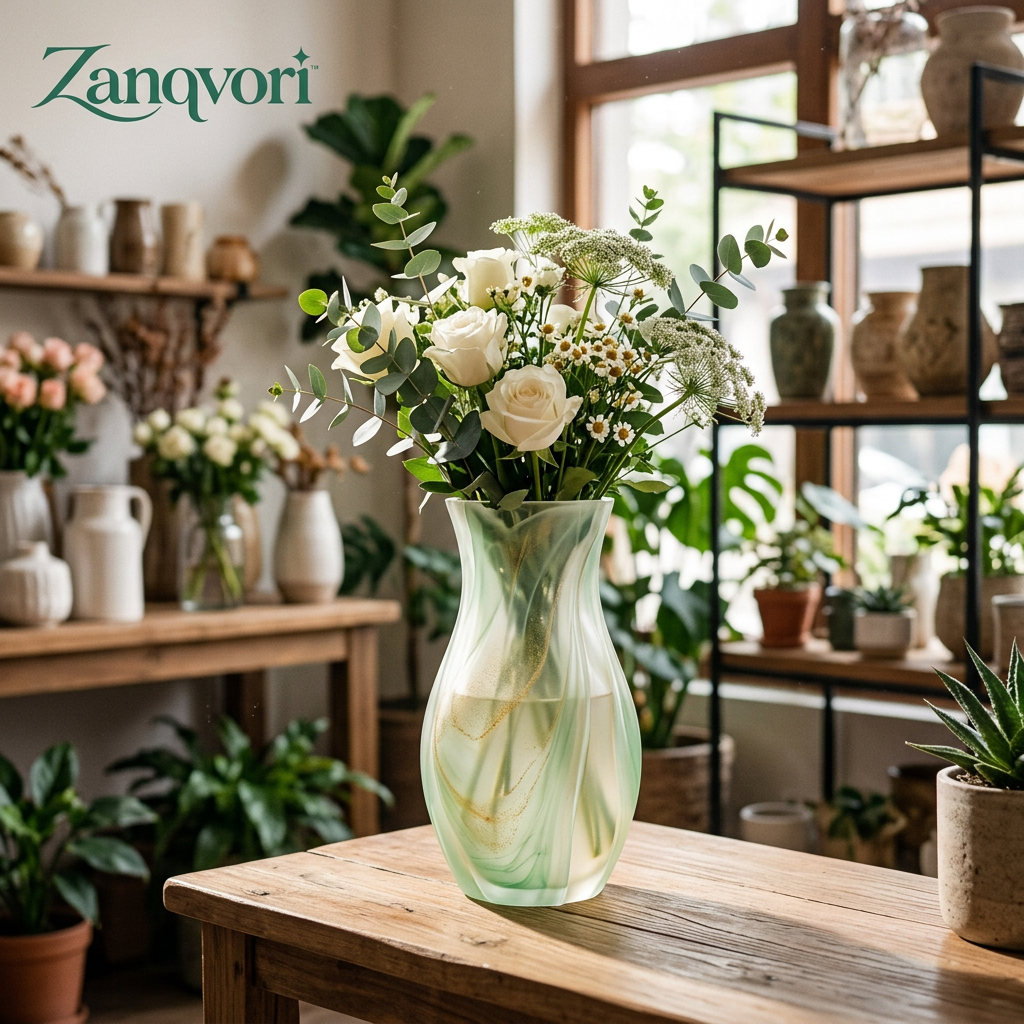Zanqvori™ Marbled Resin Flower Vase – Frosted Mint Green Fluted Decorative Floral Vase for Table Centerpiece and Modern Home Decor