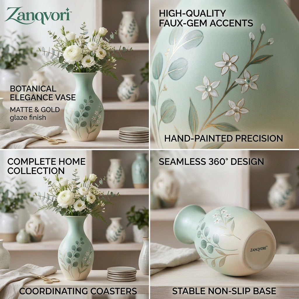 Zanqvori™ Handcrafted Sage Green Ceramic Vase, Elegant Ombre Botanical Floral Vase for Modern Farmhouse &amp; Living Room Home Decor