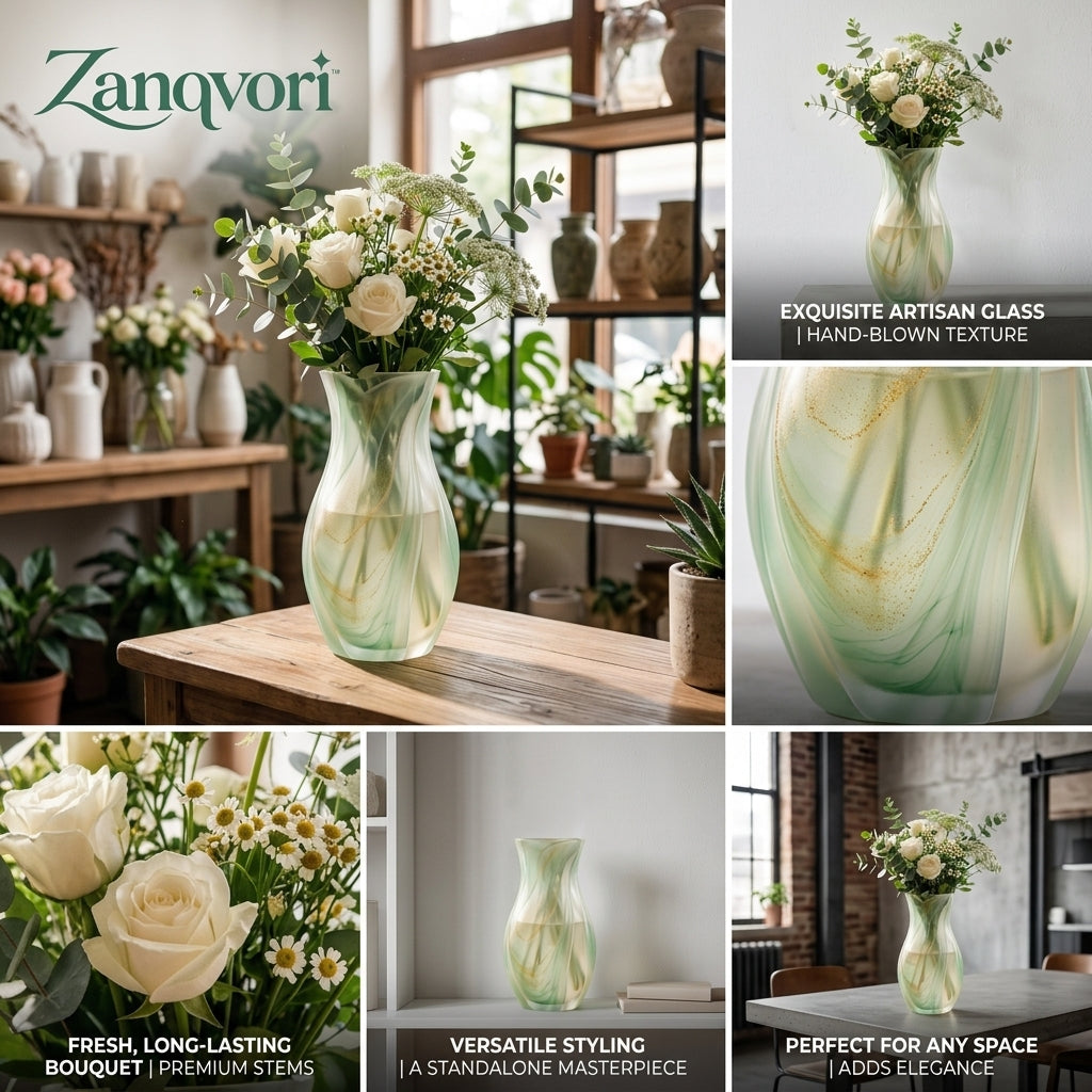 Zanqvori™ Marbled Resin Flower Vase – Frosted Mint Green Fluted Decorative Floral Vase for Table Centerpiece and Modern Home Decor