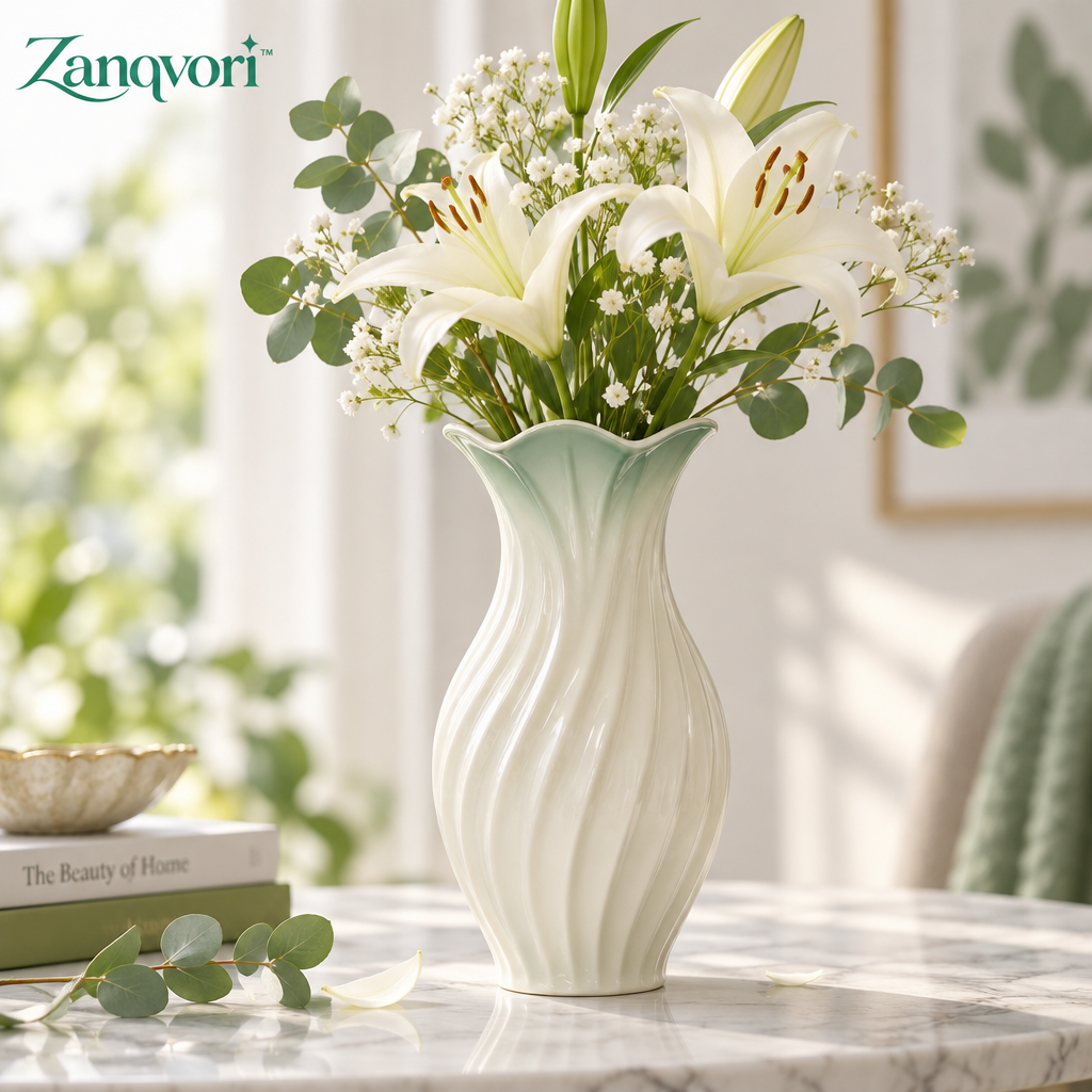 Zanqvori™ Modern Fluted Ceramic Vase with Scalloped Sage Green Rim – Elegant Spiral Floral Centerpiece for Home Decor