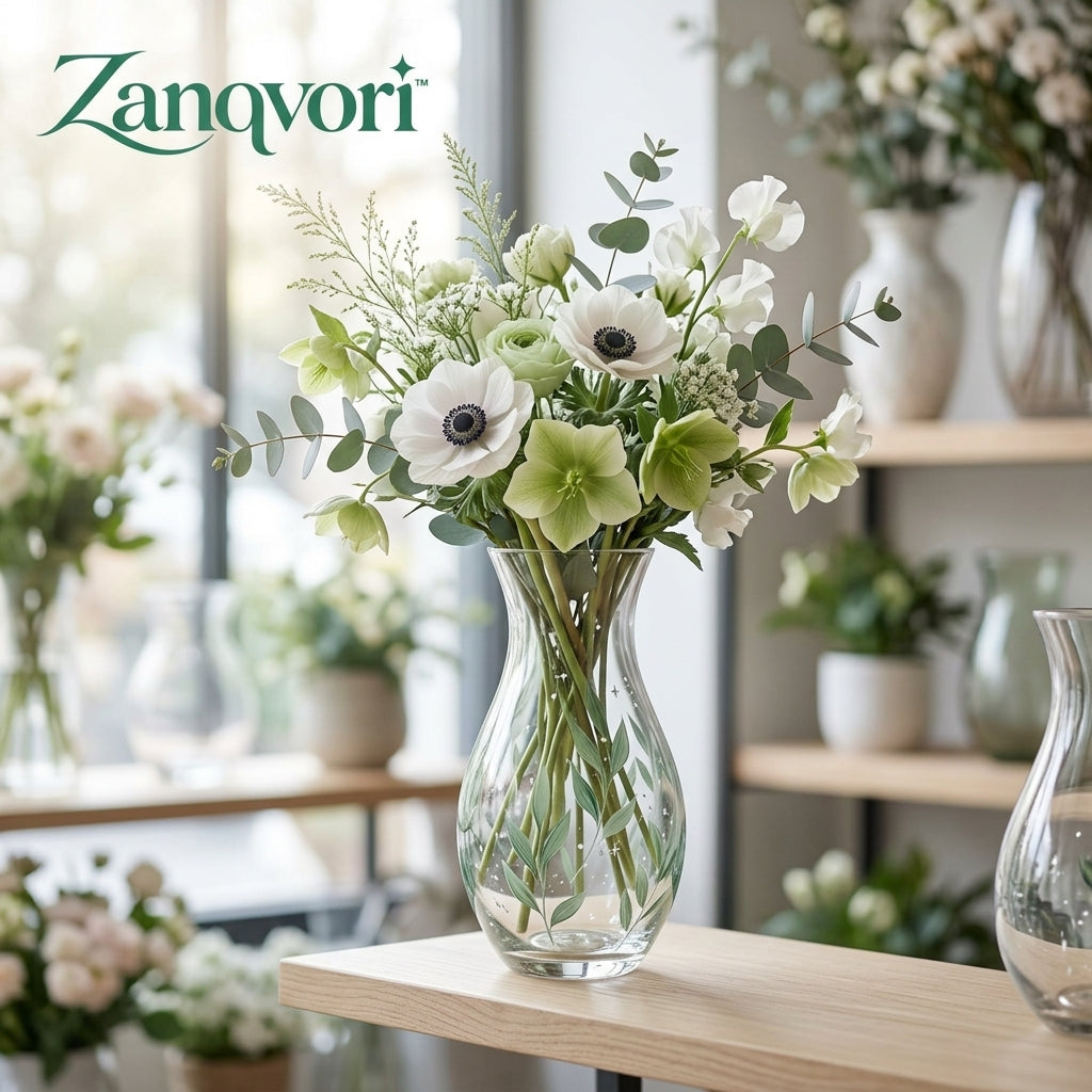 Zanqvori™ Botanical Motif Clear Glass Vase – Elegant Hourglass Centerpiece for Fresh Flowers &amp; Home Décor