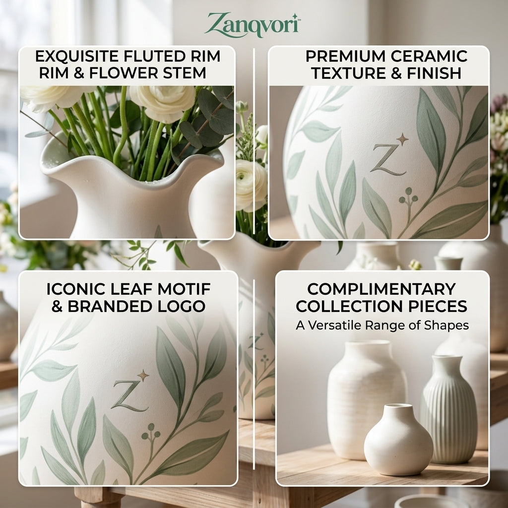 Zanqvori™ White Ceramic Flower Vase with Scalloped Rim – Muted Sage Botanical Print Decorative Vase for Farmhouse, Cottagecore &amp; Modern Tabletop Home Decor
