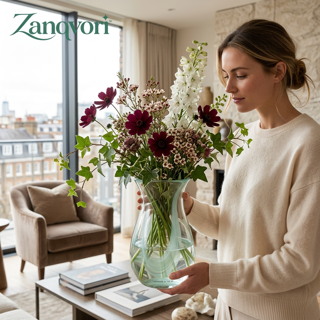 Zanqvori™ Handcrafted Fluted Glass Flower Vase – Elegant Hourglass Centerpiece for Fresh Bouquets &amp; Home Décor