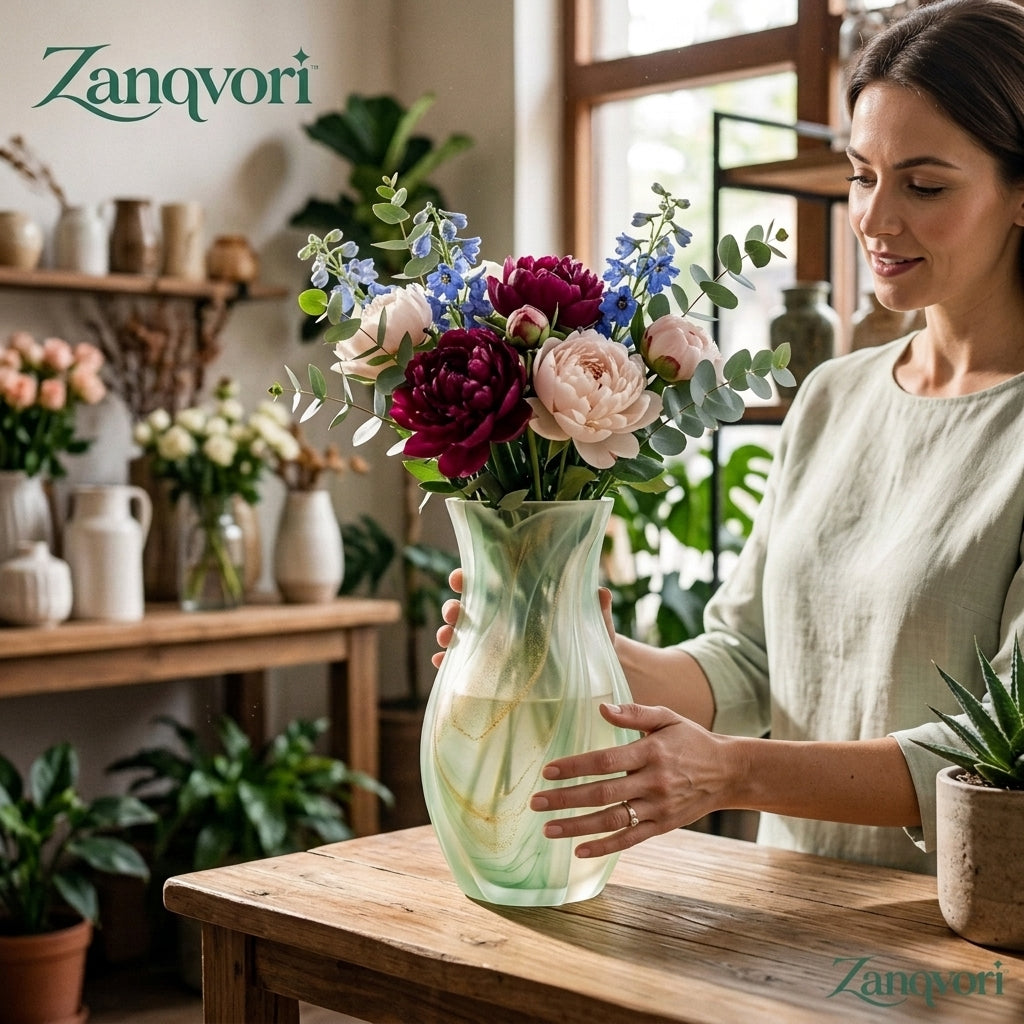 Zanqvori™ Marbled Resin Flower Vase – Frosted Mint Green Fluted Decorative Floral Vase for Table Centerpiece and Modern Home Decor