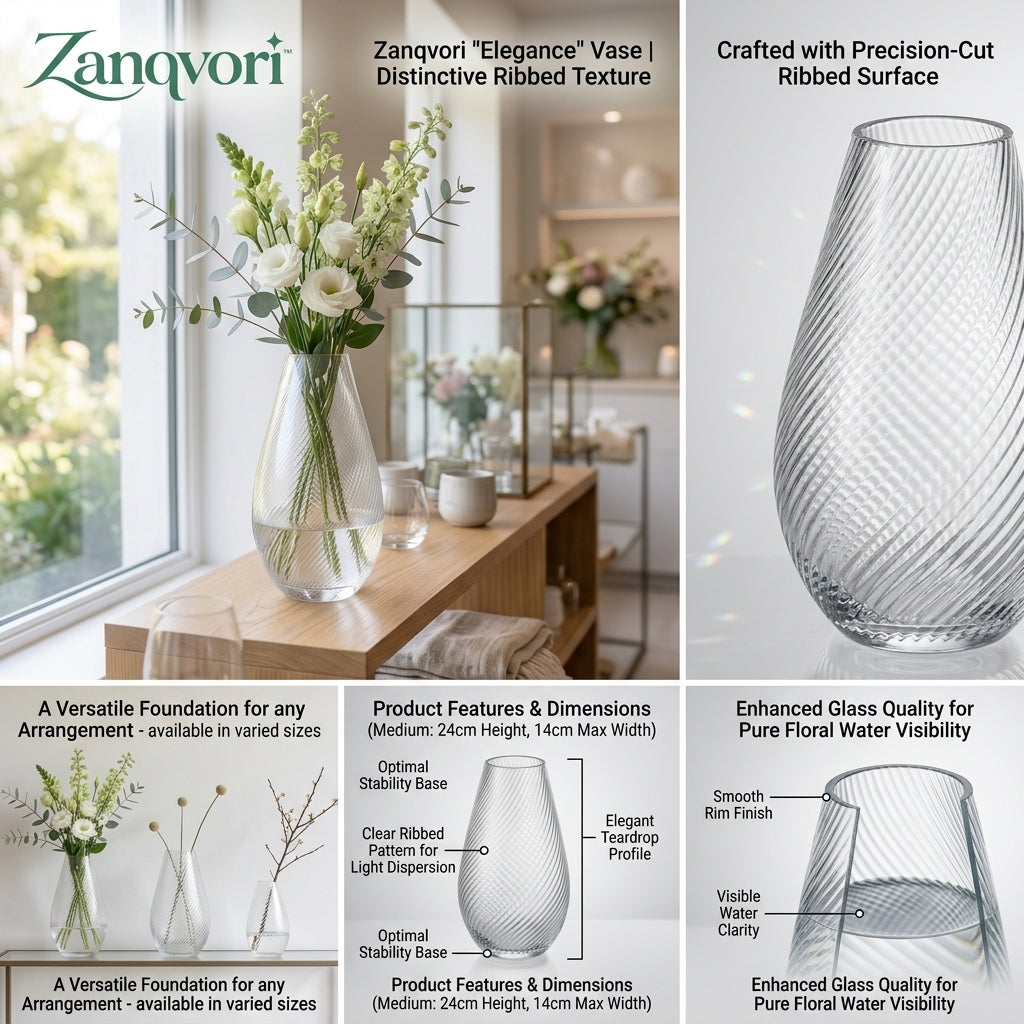 Zanqvori™ Textured Clear Glass Vase – Modern Fluted Flower Centerpiece for Home &amp; Living Room Decor