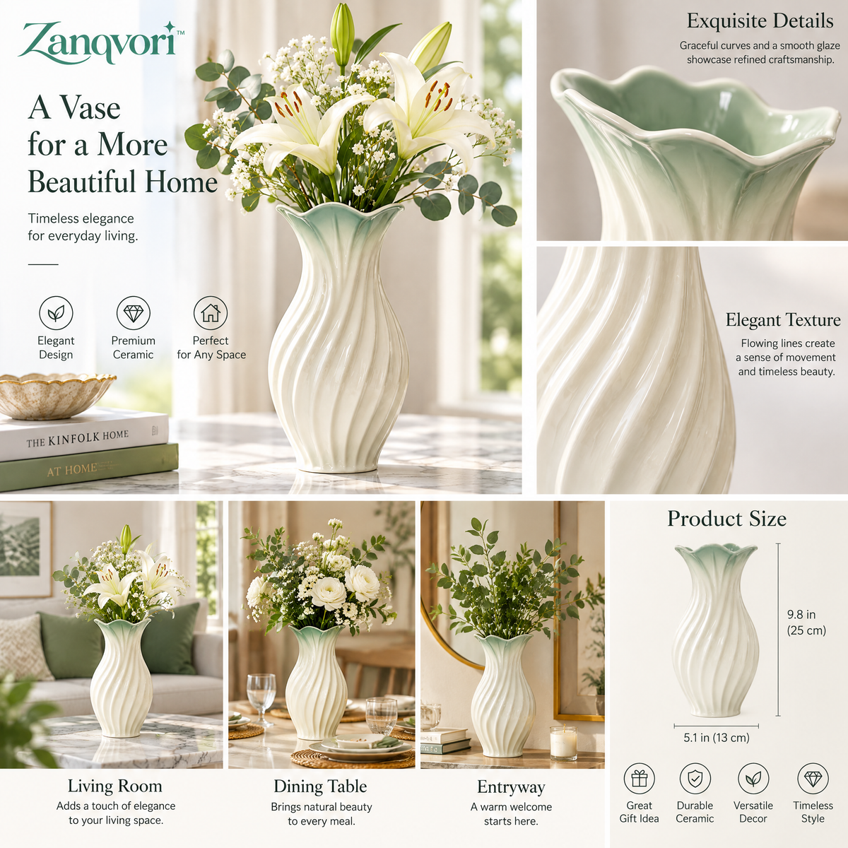 Zanqvori™ Modern Fluted Ceramic Vase with Scalloped Sage Green Rim – Elegant Spiral Floral Centerpiece for Home Decor