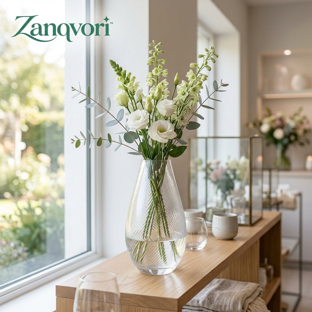 Zanqvori™ Textured Clear Glass Vase – Modern Fluted Flower Centerpiece for Home &amp; Living Room Decor