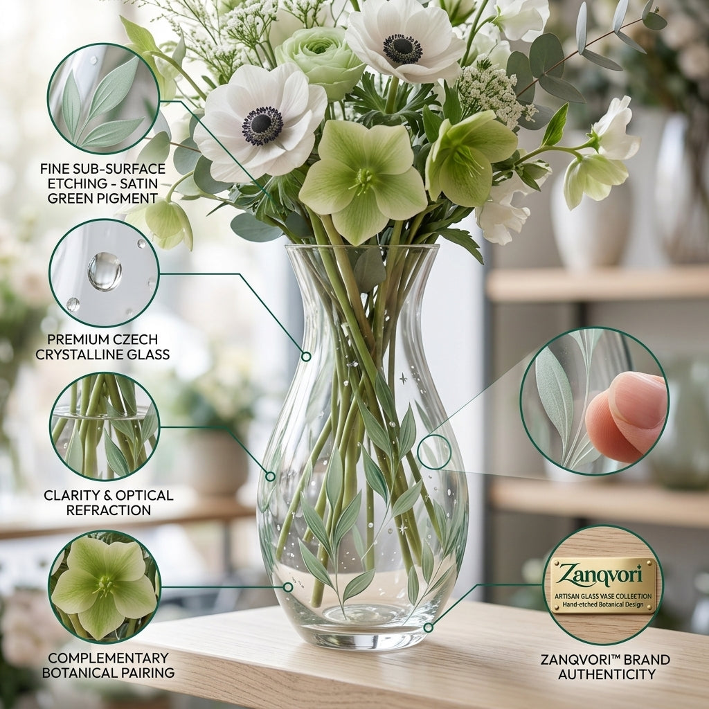 Zanqvori™ Botanical Motif Clear Glass Vase – Elegant Hourglass Centerpiece for Fresh Flowers &amp; Home Décor