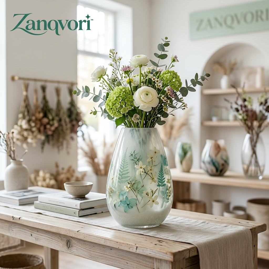 Zanqvori™ Handcrafted Botanical Resin Vase – Frosted Pressed Flower &amp; Fern Decorative Art Vase for Modern Rustic Home Decor