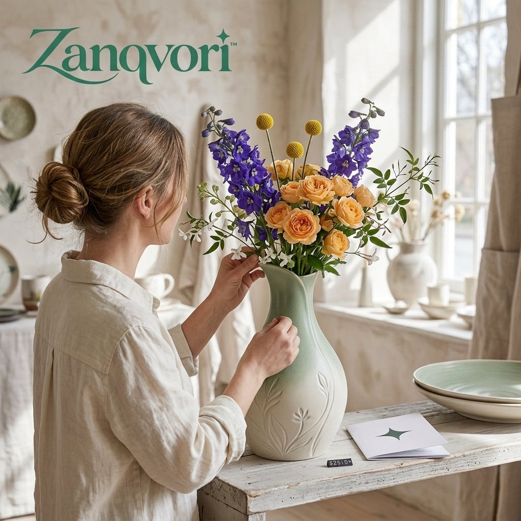 Zanqvori™ Sage Ombre Embossed Ceramic Floral Vase