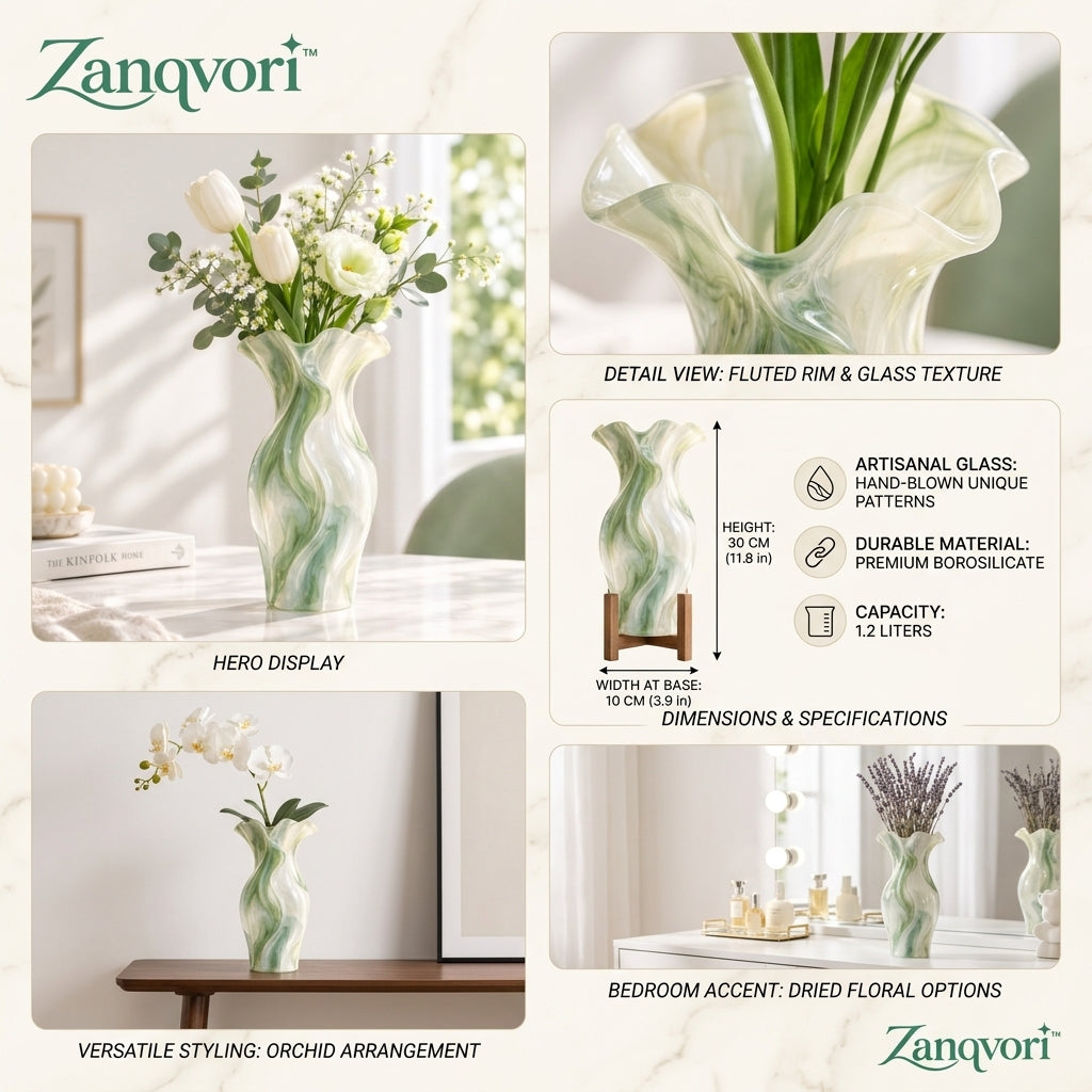 Zanqvori™ Modern Marbled Resin Wave Vase – Sage Green &amp; Cream Fluted Floral Centerpiece