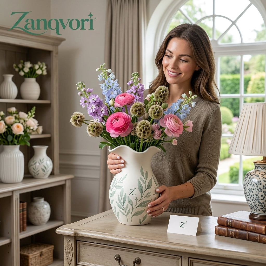 Zanqvori™ White Ceramic Flower Vase with Scalloped Rim – Muted Sage Botanical Print Decorative Vase for Farmhouse, Cottagecore &amp; Modern Tabletop Home Decor