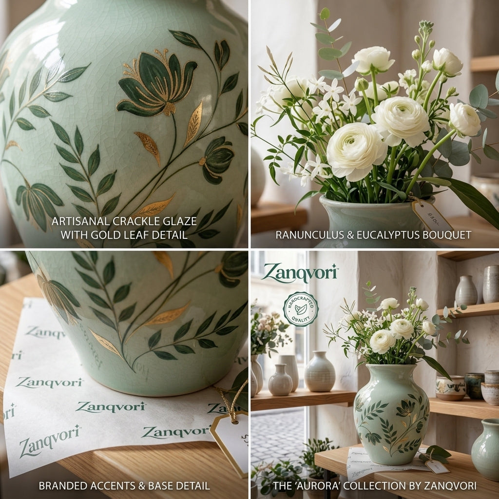 Zanqvori™ Hand-Painted Sage Green Ceramic Vase with Gilded Floral Accents – Vintage Crackle Glaze Centerpiece