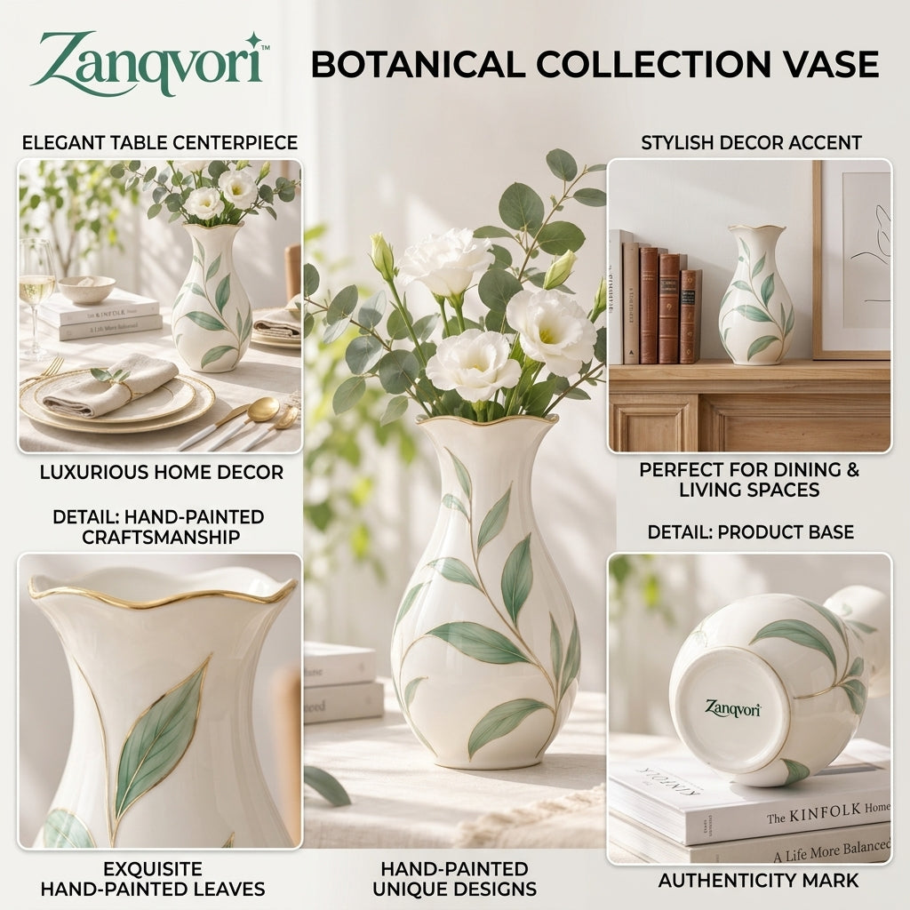 Zanqvori™ Handcrafted Botanical Ceramic Vase with Gold Trim – Elegant Green Leaf Floral Centerpiece for Modern Home Decor