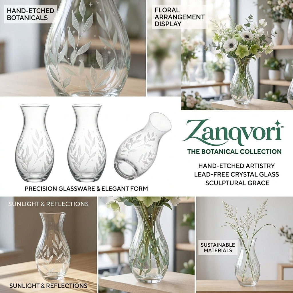 Zanqvori™ Botanical Motif Clear Glass Vase – Elegant Hourglass Centerpiece for Fresh Flowers &amp; Home Décor