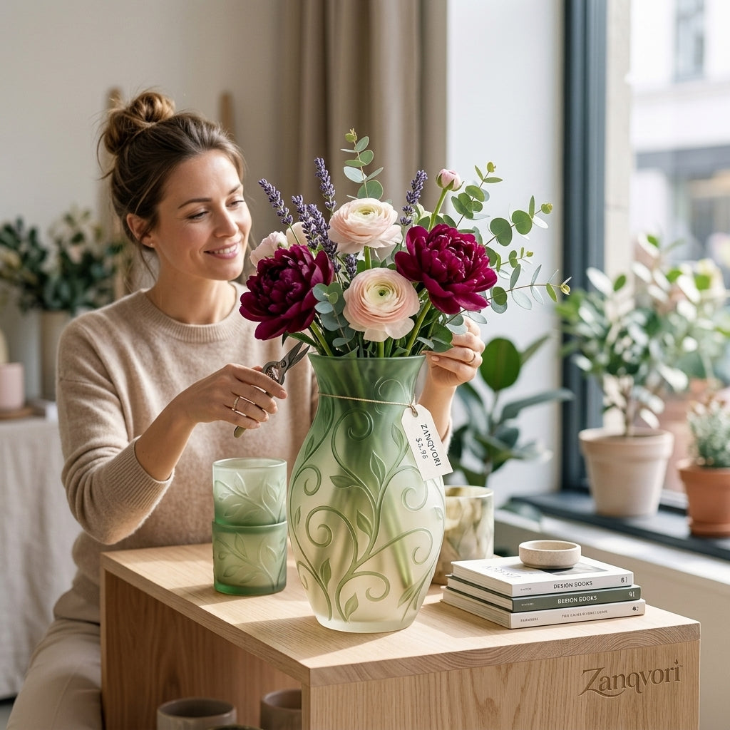 Zanqvori™ Embossed Vine Frosted Sage Green Resin Vase – Decorative Shatter-Resistant Centerpiece for Modern Boho &amp; Minimalist Home Decor