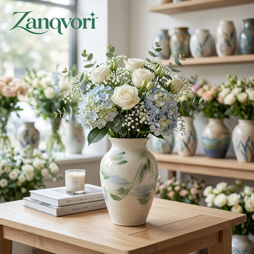 Zanqvori™ Hand-Painted Glazed Ceramic Vase – Artisanal Floral Centerpiece