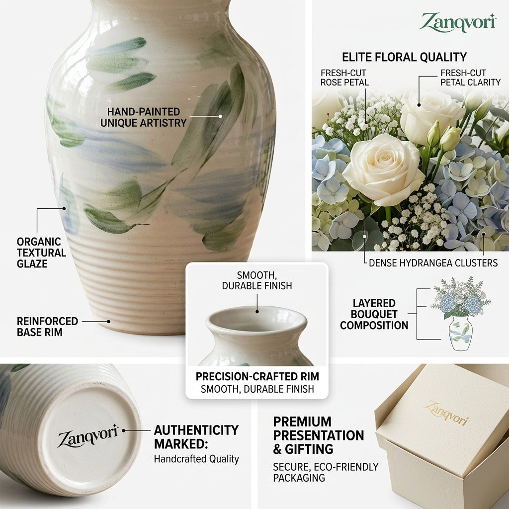 Zanqvori™ Hand-Painted Glazed Ceramic Vase – Artisanal Floral Centerpiece