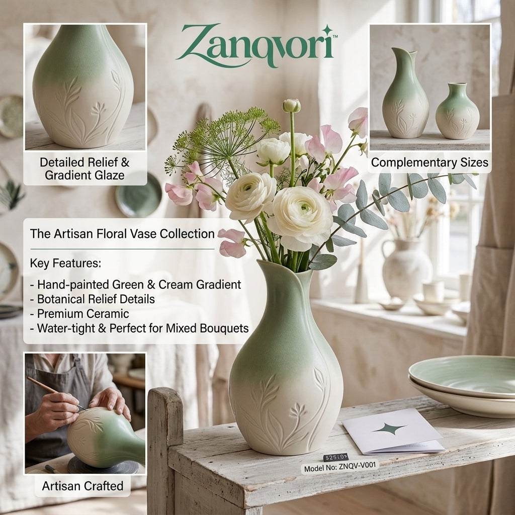 Zanqvori™ Sage Ombre Embossed Ceramic Floral Vase
