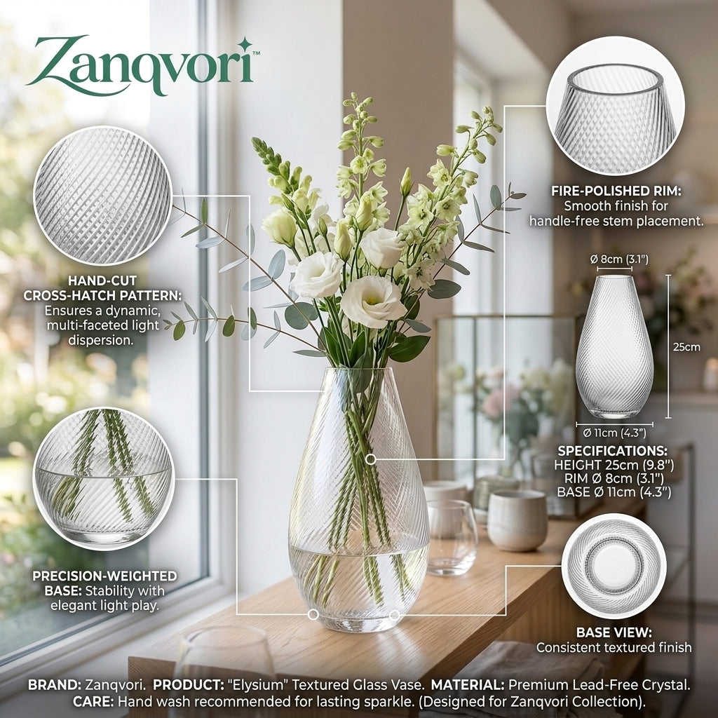 Zanqvori™ Textured Clear Glass Vase – Modern Fluted Flower Centerpiece for Home &amp; Living Room Decor
