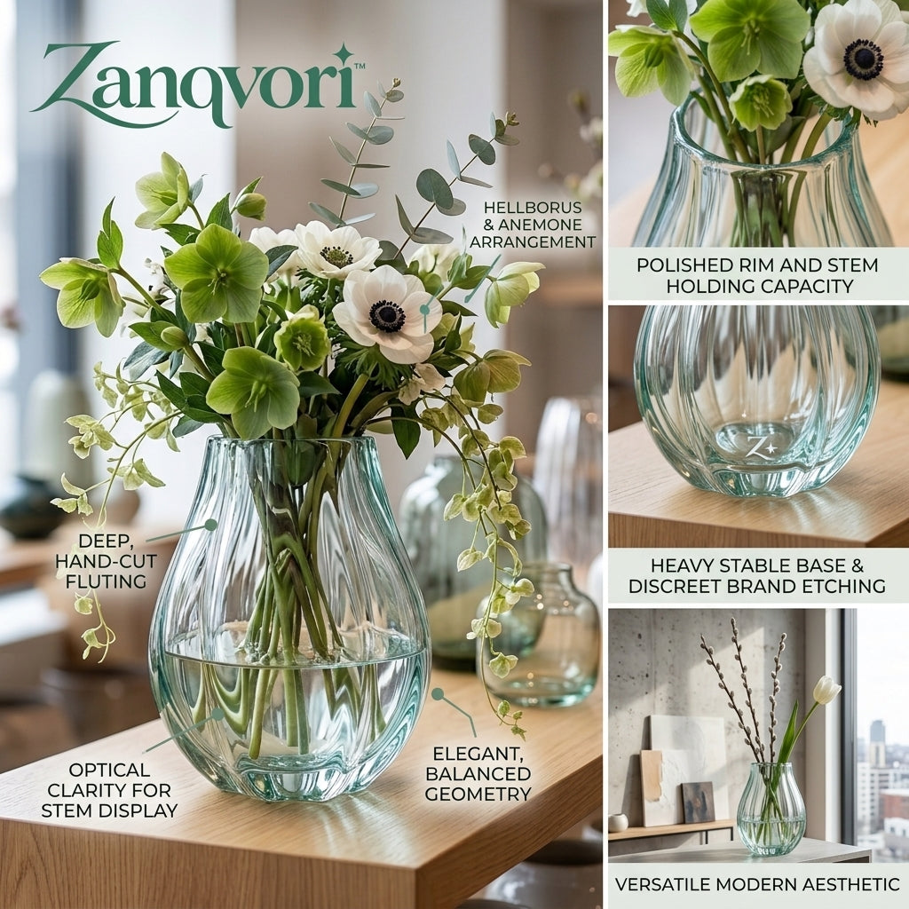 Zanqvori™ Ribbed Clear Glass Flower Vase – Modern Fluted Floral Centerpiece for Home &amp; Living Decor