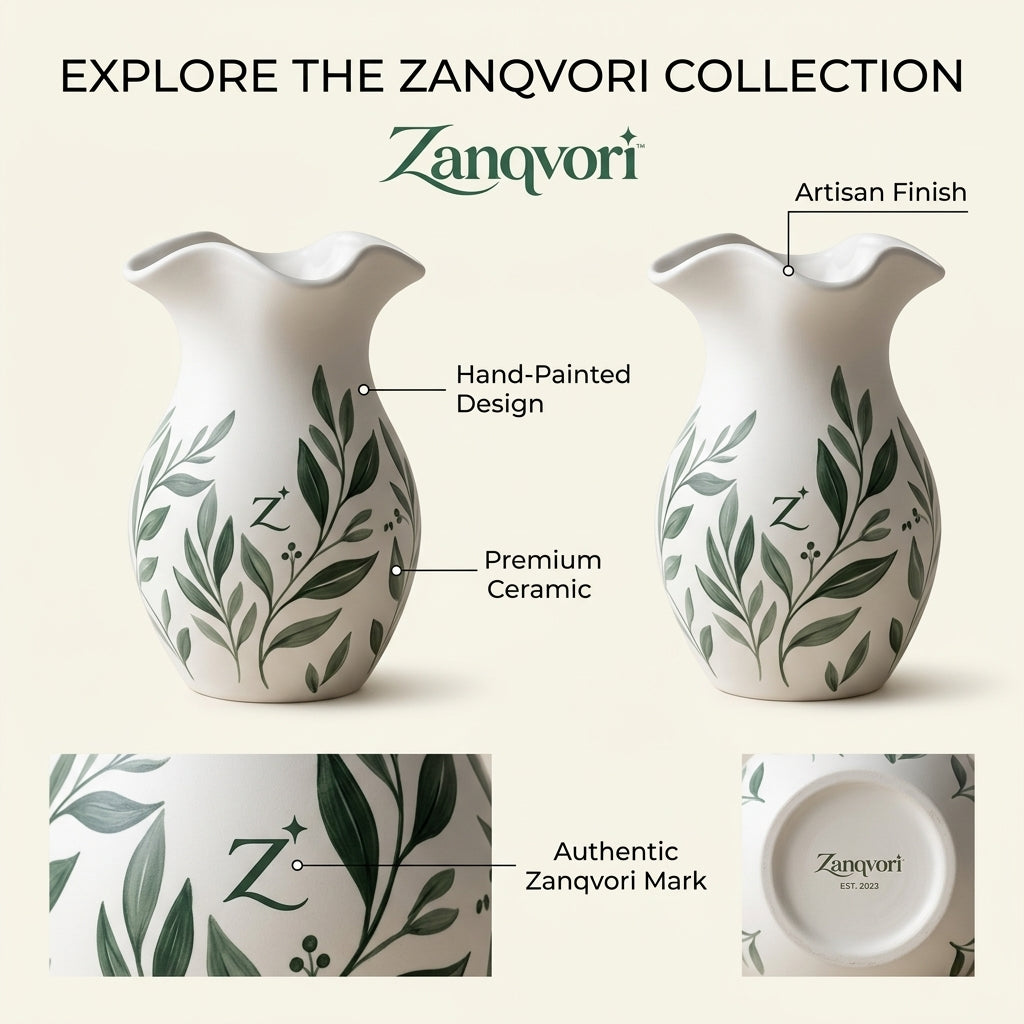 Zanqvori™ White Ceramic Flower Vase with Scalloped Rim – Muted Sage Botanical Print Decorative Vase for Farmhouse, Cottagecore &amp; Modern Tabletop Home Decor