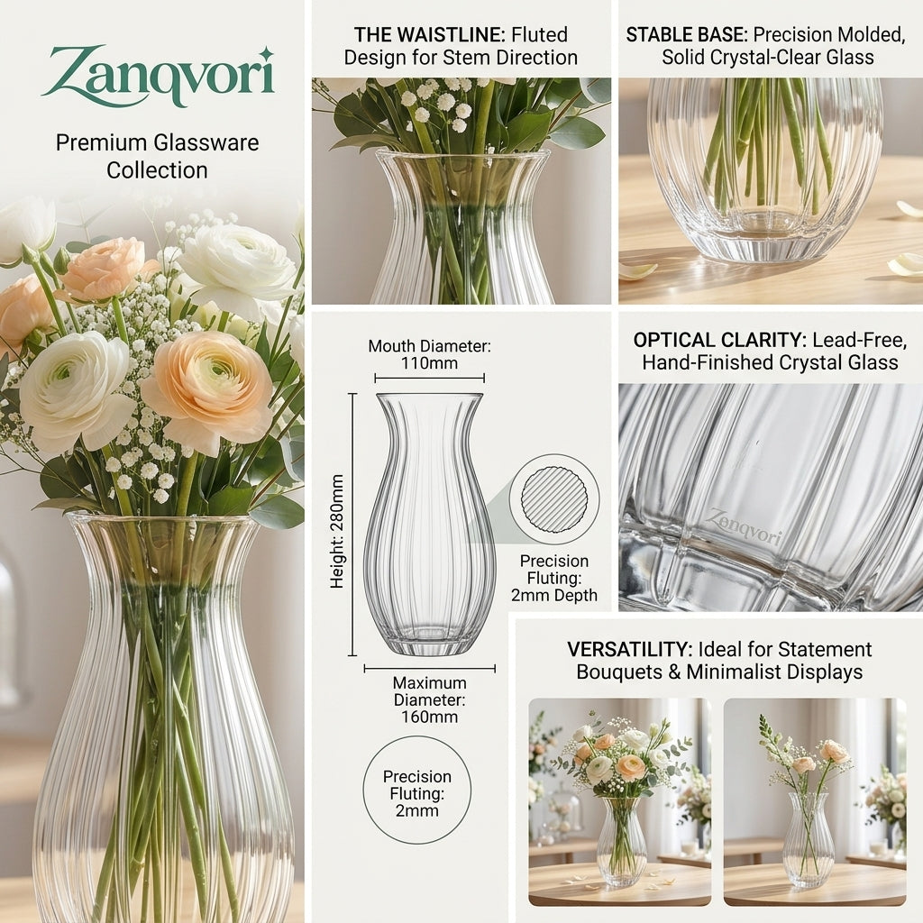 Zanqvori™ Clear Ribbed Glass Flower Vase, Fluted Hourglass Floral Centerpiece for Modern Home Decor
