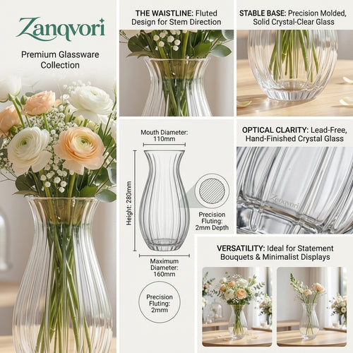 Zanqvori™ Clear Ribbed Glass Flower Vase, Fluted Hourglass Floral Centerpiece for Modern Home Decor