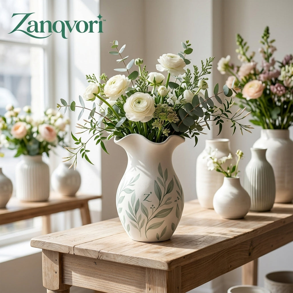 Zanqvori™ White Ceramic Flower Vase with Scalloped Rim – Muted Sage Botanical Print Decorative Vase for Farmhouse, Cottagecore &amp; Modern Tabletop Home Decor