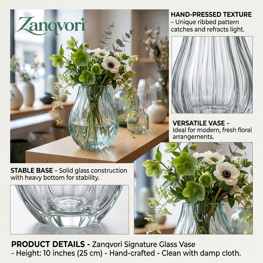 Zanqvori™ Ribbed Clear Glass Flower Vase – Modern Fluted Floral Centerpiece for Home &amp; Living Decor