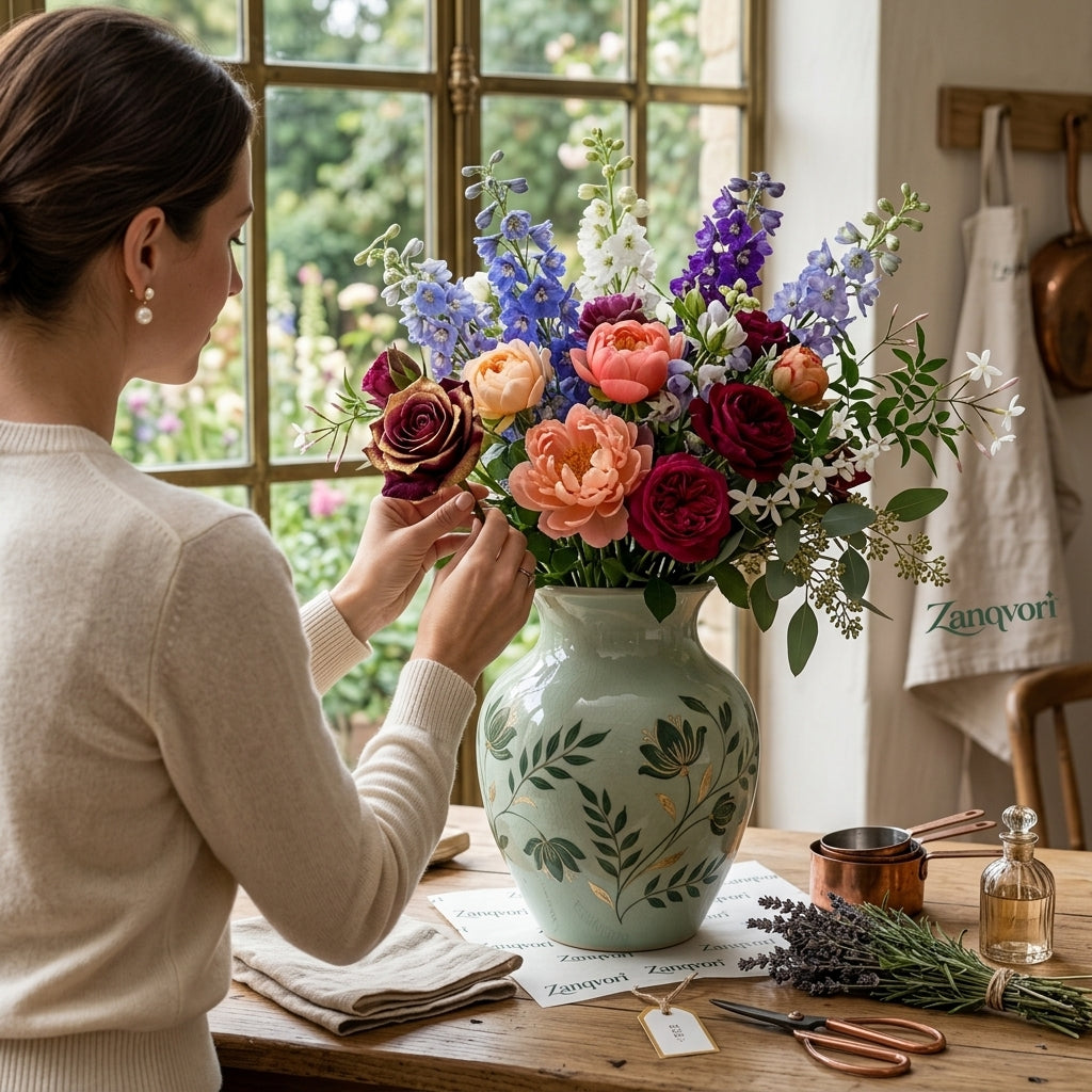 Zanqvori™ Hand-Painted Sage Green Ceramic Vase with Gilded Floral Accents – Vintage Crackle Glaze Centerpiece