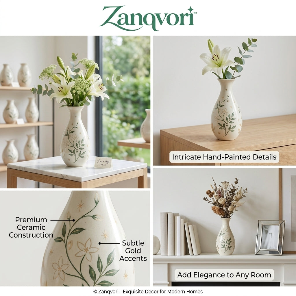 Zanqvori™ Handcrafted Botanical Ceramic Vase – Cream Floral Tabletop Centerpiece for Fresh &amp; Dried Flowers