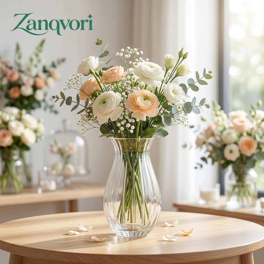Zanqvori™ Clear Ribbed Glass Flower Vase, Fluted Hourglass Floral Centerpiece for Modern Home Decor