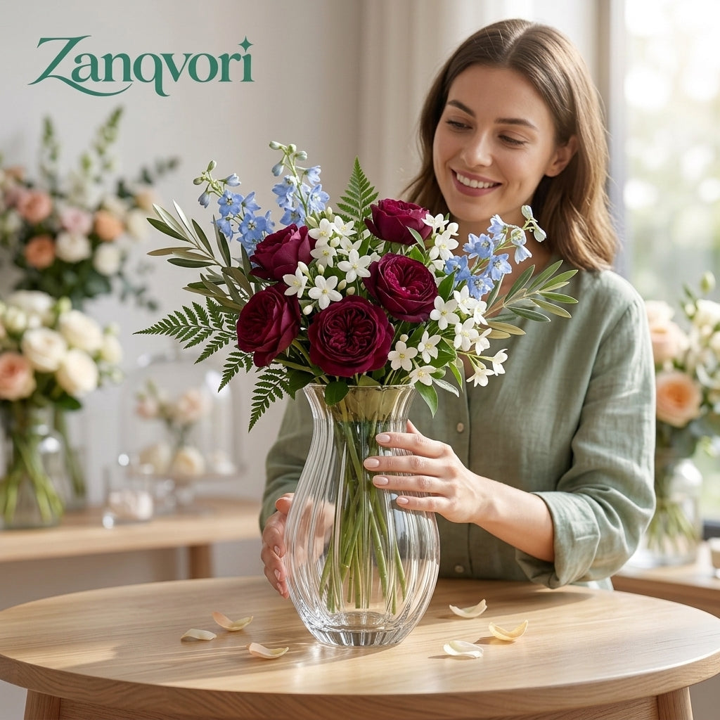 Zanqvori™ Clear Ribbed Glass Flower Vase, Fluted Hourglass Floral Centerpiece for Modern Home Decor