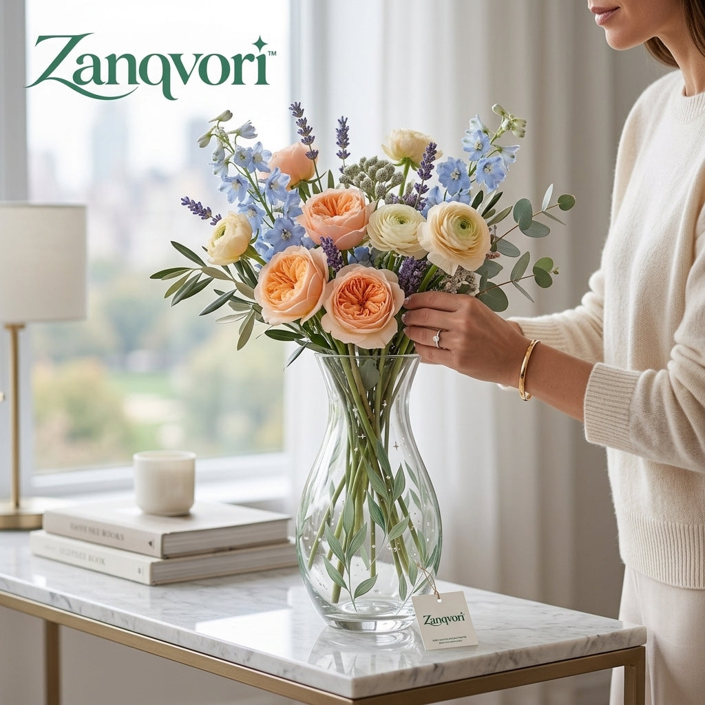 Zanqvori™ Botanical Motif Clear Glass Vase – Elegant Hourglass Centerpiece for Fresh Flowers &amp; Home Décor