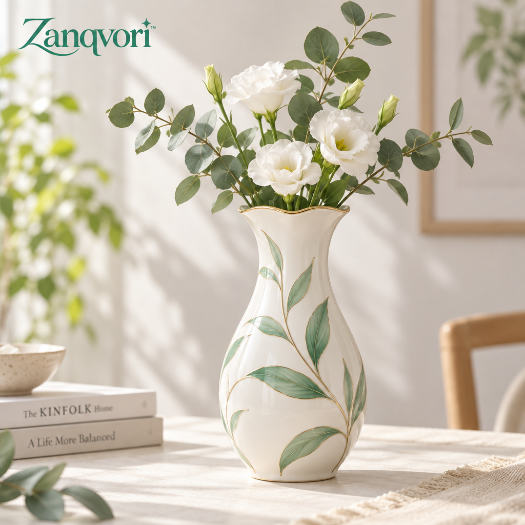 Zanqvori™ Handcrafted Botanical Ceramic Vase with Gold Trim – Elegant Green Leaf Floral Centerpiece for Modern Home Decor
