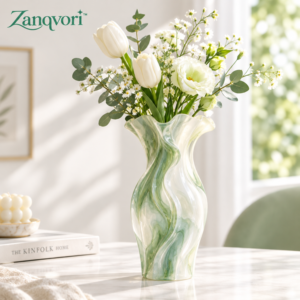 Zanqvori™ Modern Marbled Resin Wave Vase – Sage Green &amp; Cream Fluted Floral Centerpiece