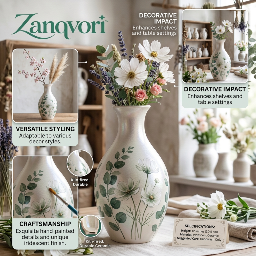 Zanqvori™ Pearlescent Ceramic Floral Vase – Vintage-Inspired Eucalyptus &amp; Wildflower Decorative Jug for Modern Farmhouse, Cottagecore Tabletop Centerpiece