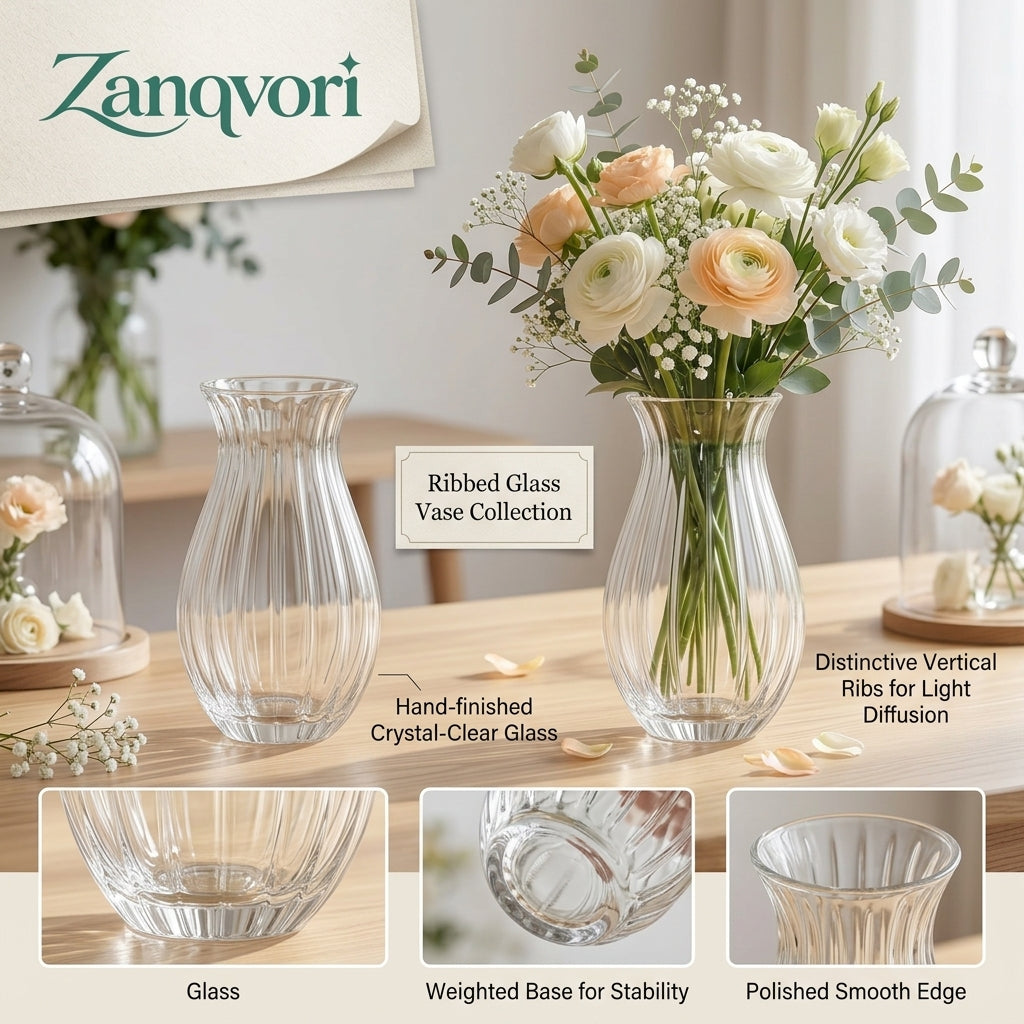 Zanqvori™ Clear Ribbed Glass Flower Vase, Fluted Hourglass Floral Centerpiece for Modern Home Decor