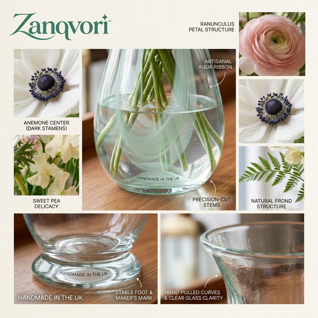Zanqvori™ Handcrafted Fluted Glass Flower Vase – Elegant Hourglass Centerpiece for Fresh Bouquets &amp; Home Décor
