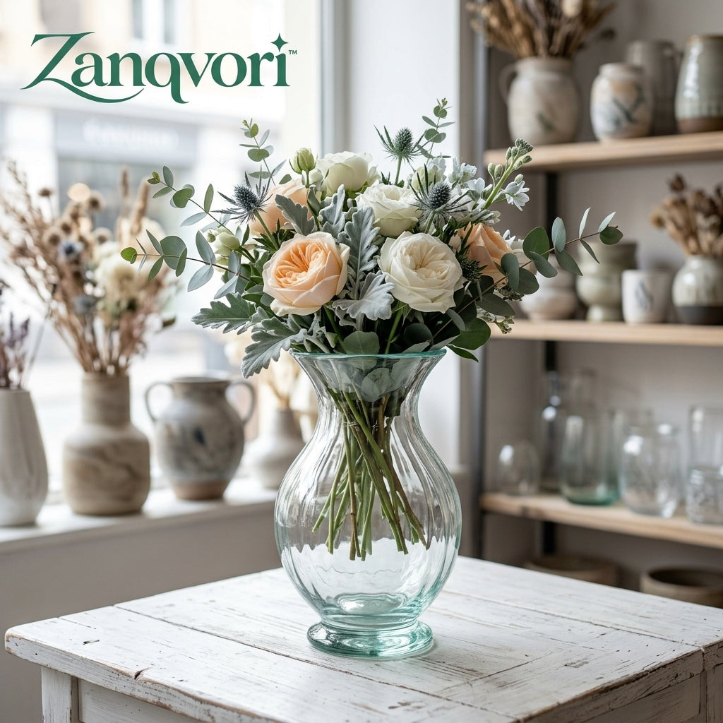 Zanqvori™ Vintage Fluted Glass Urn Vase – Ribbed Pedestal Flower Vase for Table Centerpieces &amp; Home Decor