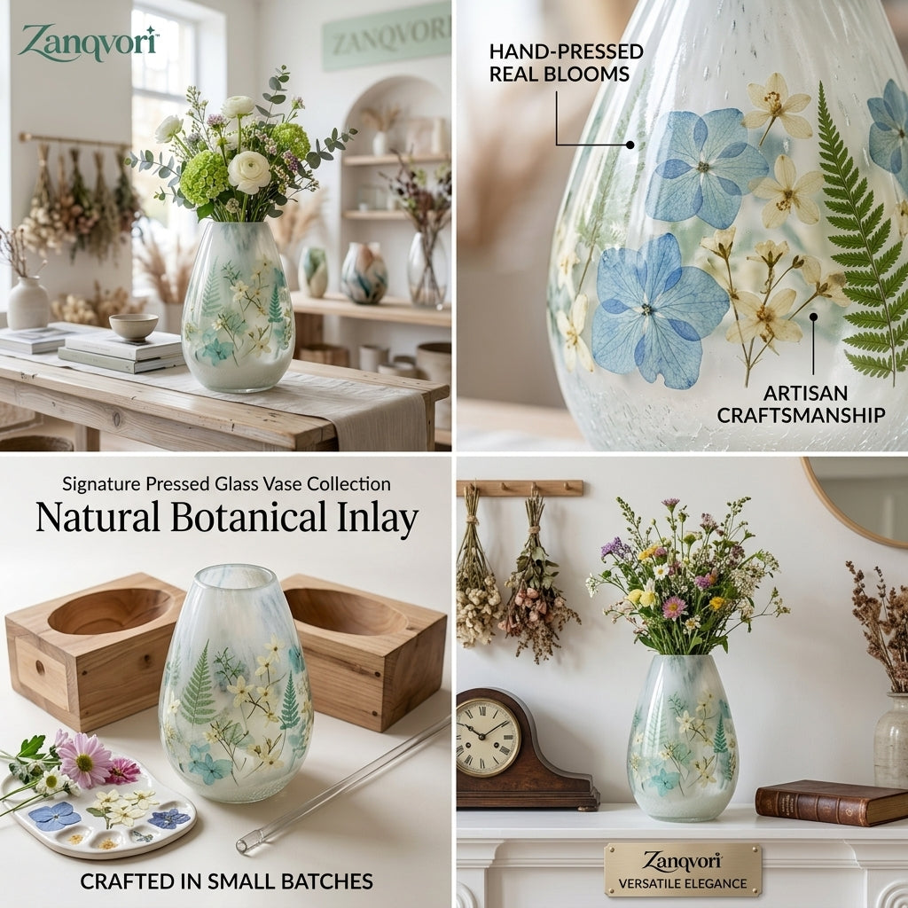 Zanqvori™ Handcrafted Botanical Resin Vase – Frosted Pressed Flower &amp; Fern Decorative Art Vase for Modern Rustic Home Decor