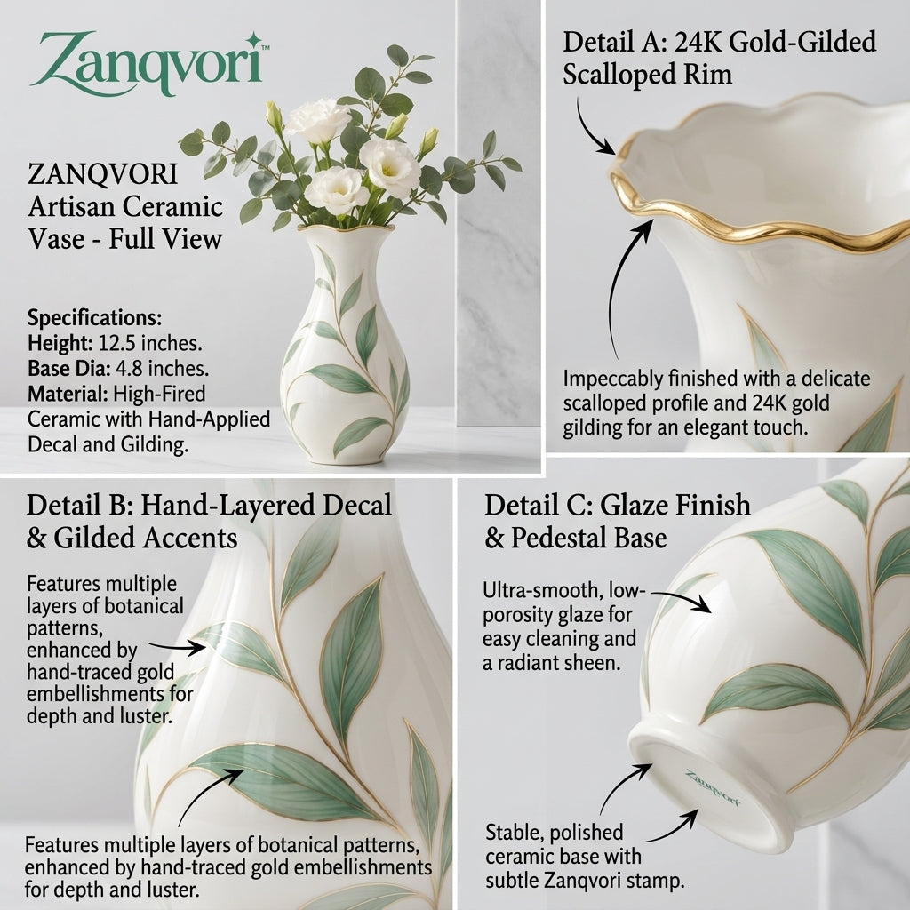Zanqvori™ Handcrafted Botanical Ceramic Vase with Gold Trim – Elegant Green Leaf Floral Centerpiece for Modern Home Decor