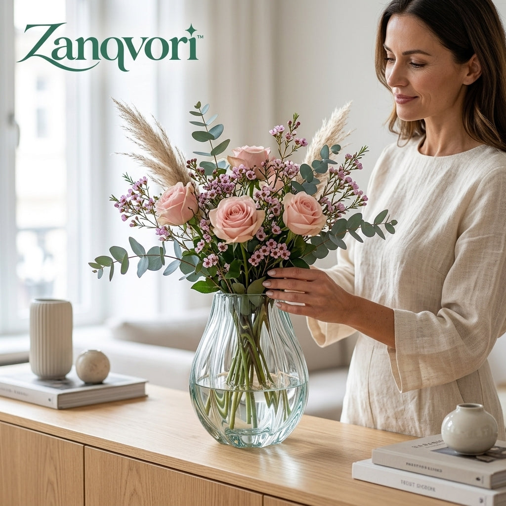 Zanqvori™ Ribbed Clear Glass Flower Vase – Modern Fluted Floral Centerpiece for Home &amp; Living Decor