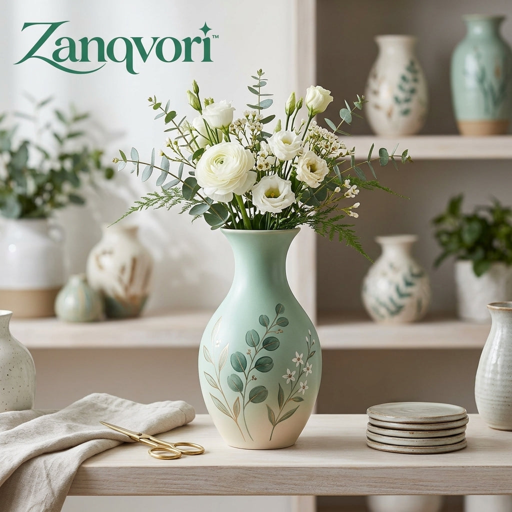 Zanqvori™ Handcrafted Sage Green Ceramic Vase, Elegant Ombre Botanical Floral Vase for Modern Farmhouse &amp; Living Room Home Decor