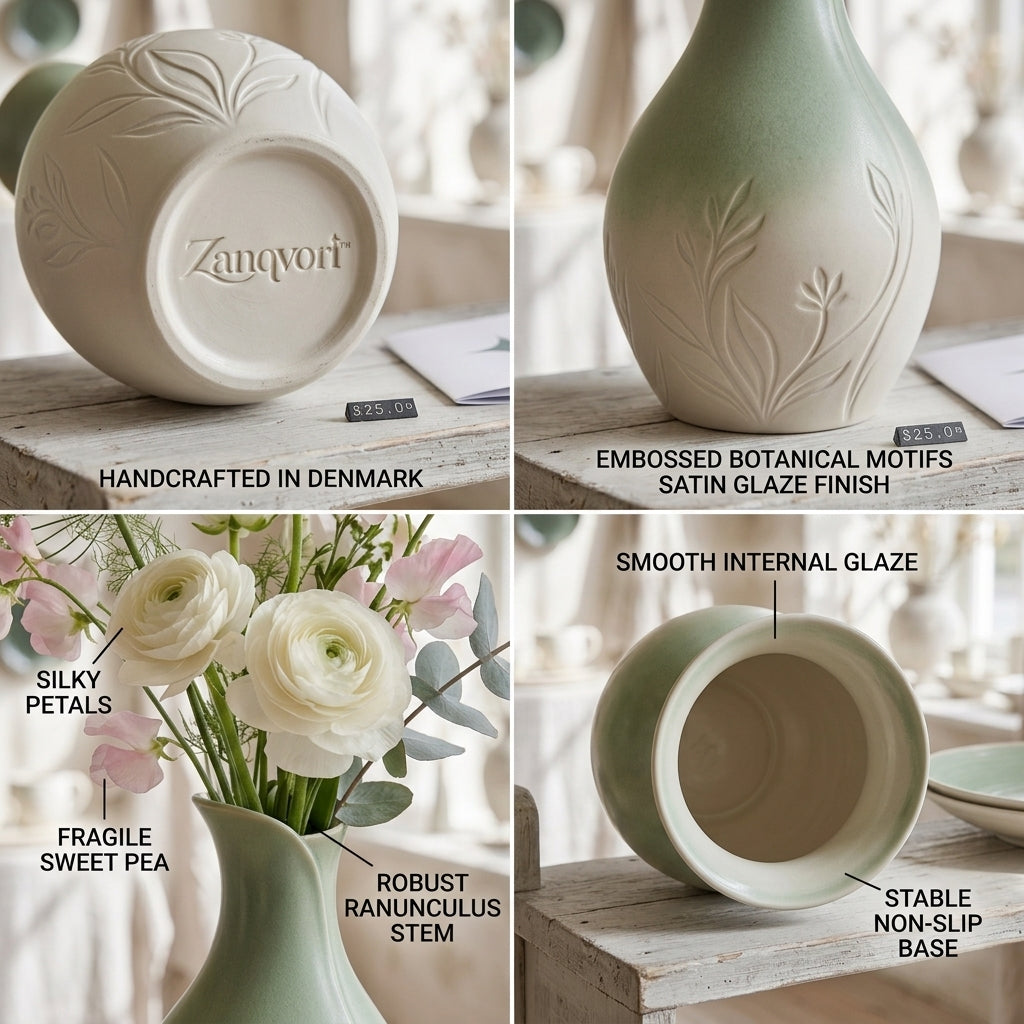 Zanqvori™ Sage Ombre Embossed Ceramic Floral Vase
