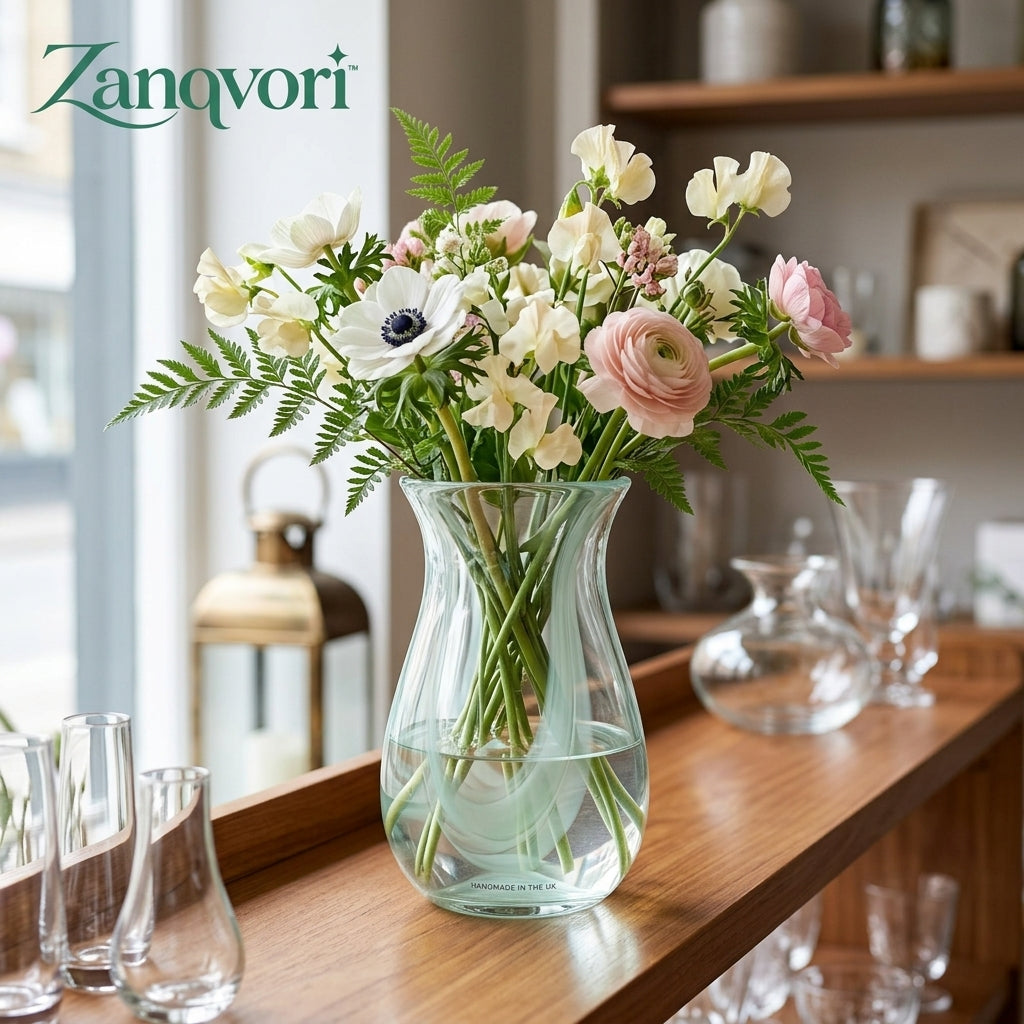Zanqvori™ Handcrafted Fluted Glass Flower Vase – Elegant Hourglass Centerpiece for Fresh Bouquets &amp; Home Décor