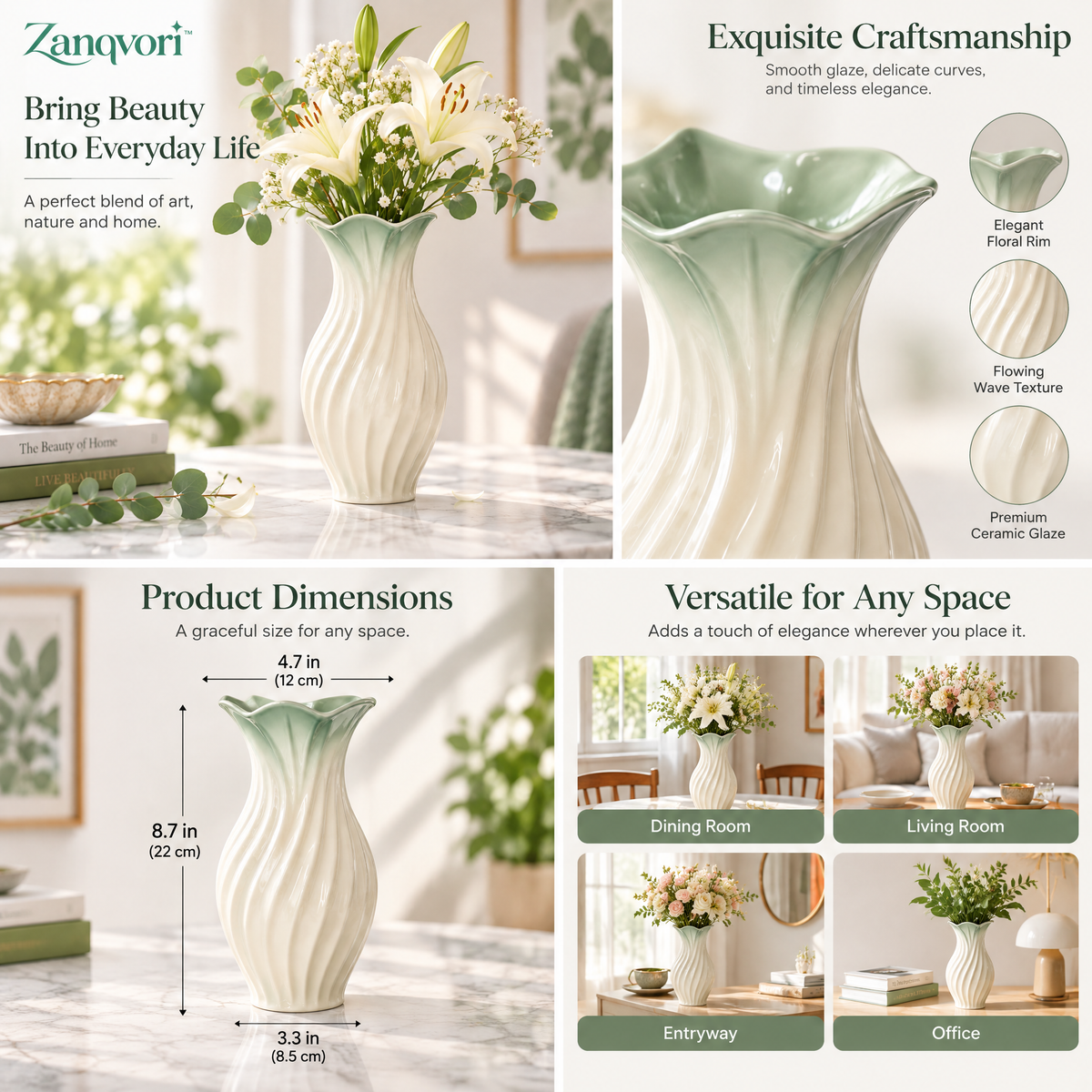 Zanqvori™ Modern Fluted Ceramic Vase with Scalloped Sage Green Rim – Elegant Spiral Floral Centerpiece for Home Decor