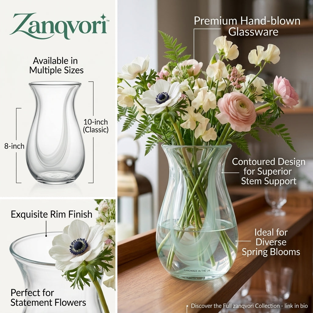 Zanqvori™ Handcrafted Fluted Glass Flower Vase – Elegant Hourglass Centerpiece for Fresh Bouquets &amp; Home Décor